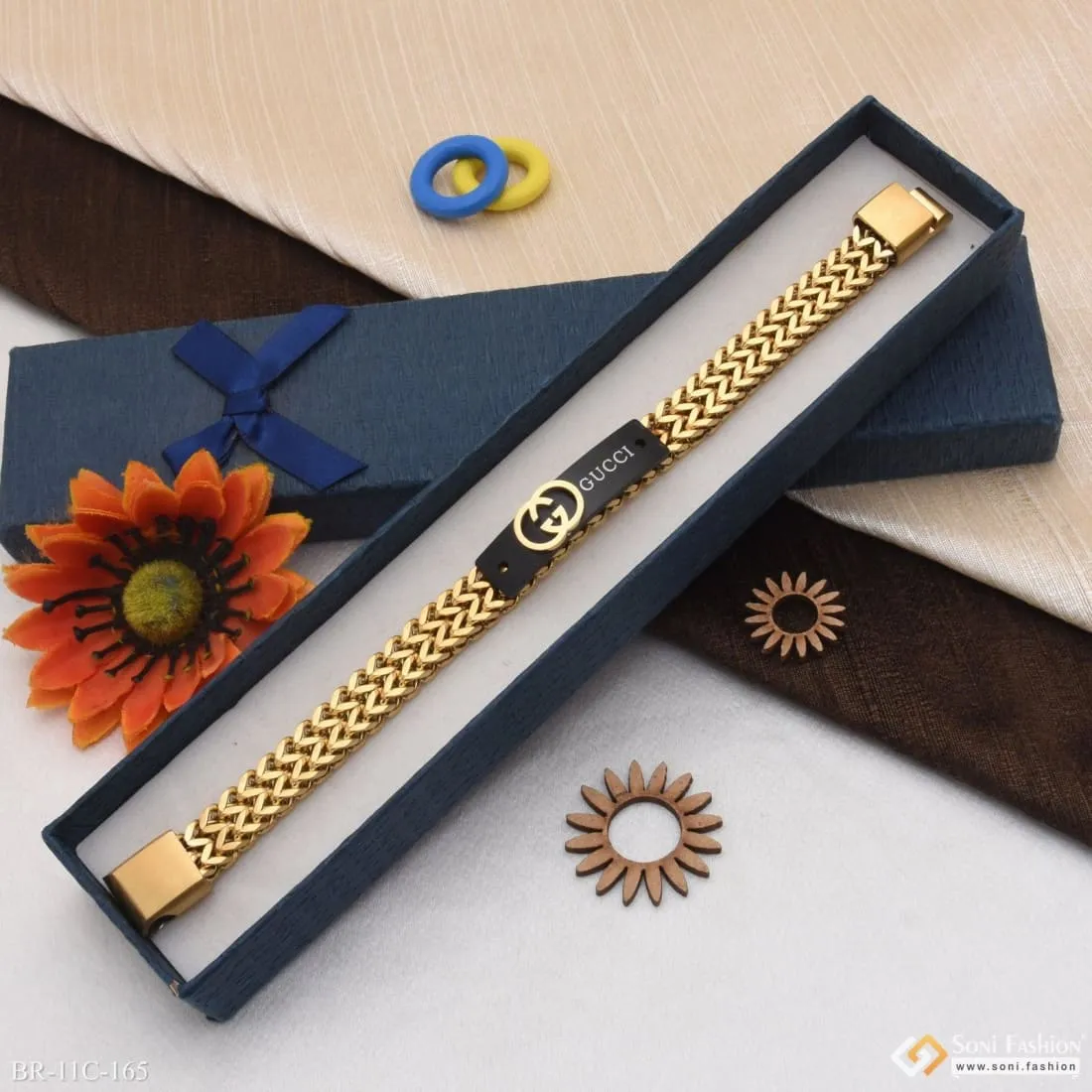 2 Line Sophisticated Design Black & Golden Color Bracelet for Men - Style C165