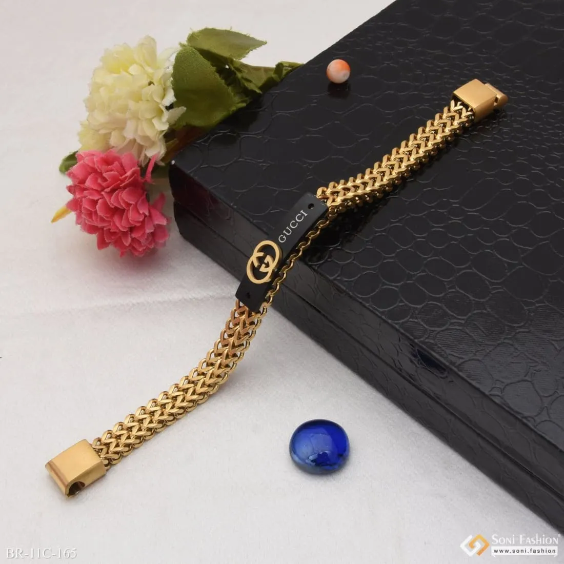 2 Line Sophisticated Design Black & Golden Color Bracelet for Men - Style C165