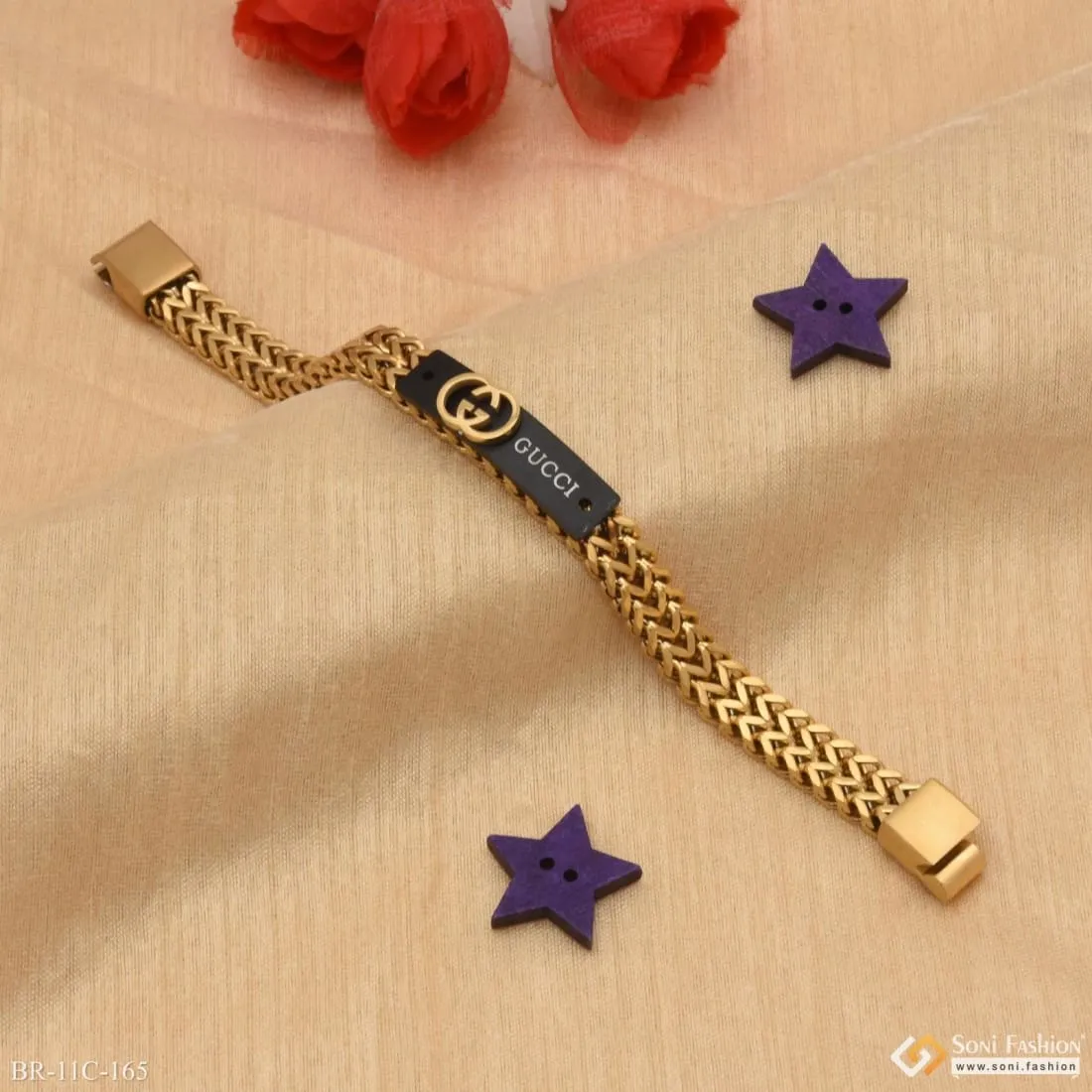 2 Line Sophisticated Design Black & Golden Color Bracelet for Men - Style C165