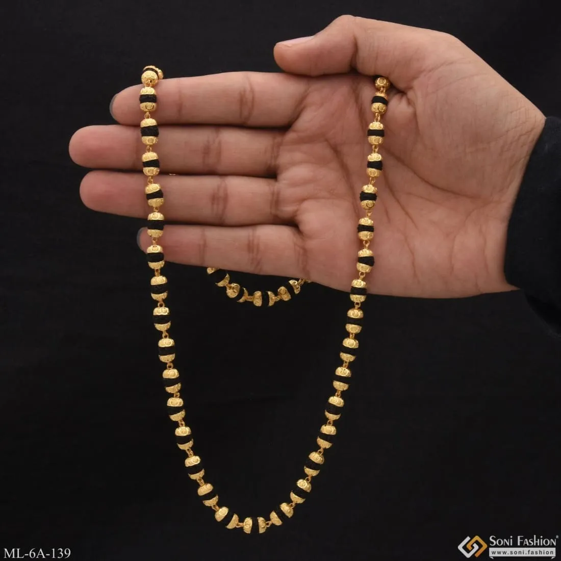 Black Sophisticated Design Gold Plated Rudraksha Mala For Men - Style A139
