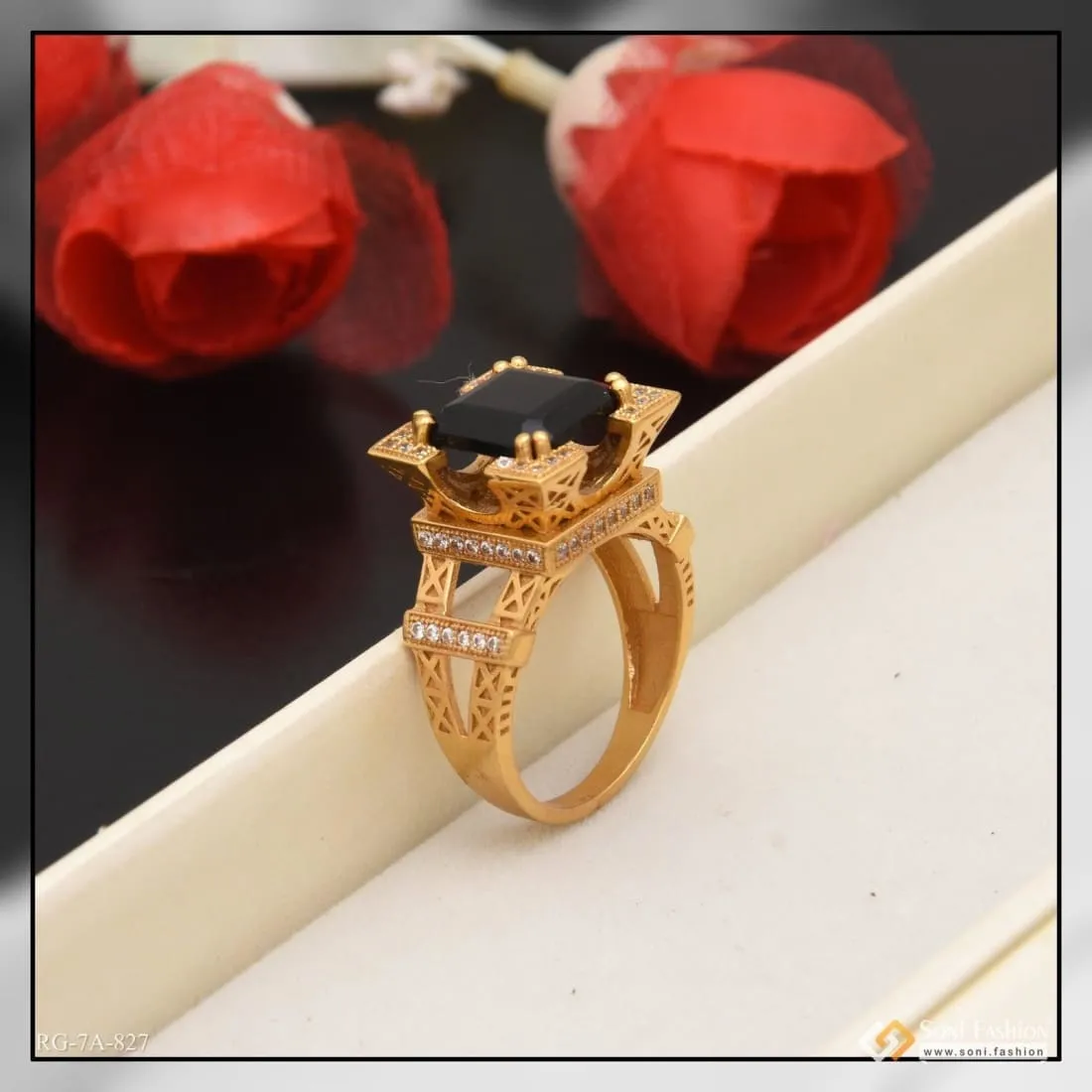 Black Stone Eiffel Tower Sophisticated Design Gold Plated Ring For Men - Style A827
