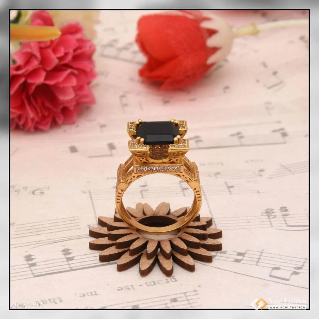 Black Stone Eiffel Tower Sophisticated Design Gold Plated Ring For Men - Style A827
