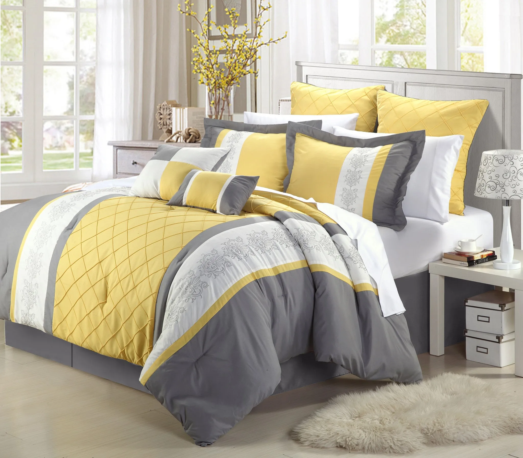 Chic Home Bryce 8-Piece Embroidered Comforter Set, Yellow King