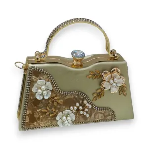 Floral Pearl Embellished Gold Evening Clutch
