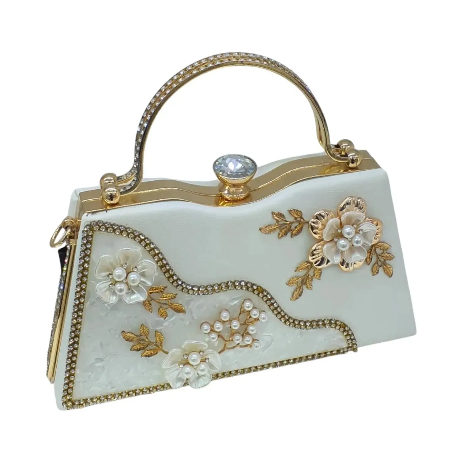 Floral Pearl Embellished Gold Evening Clutch