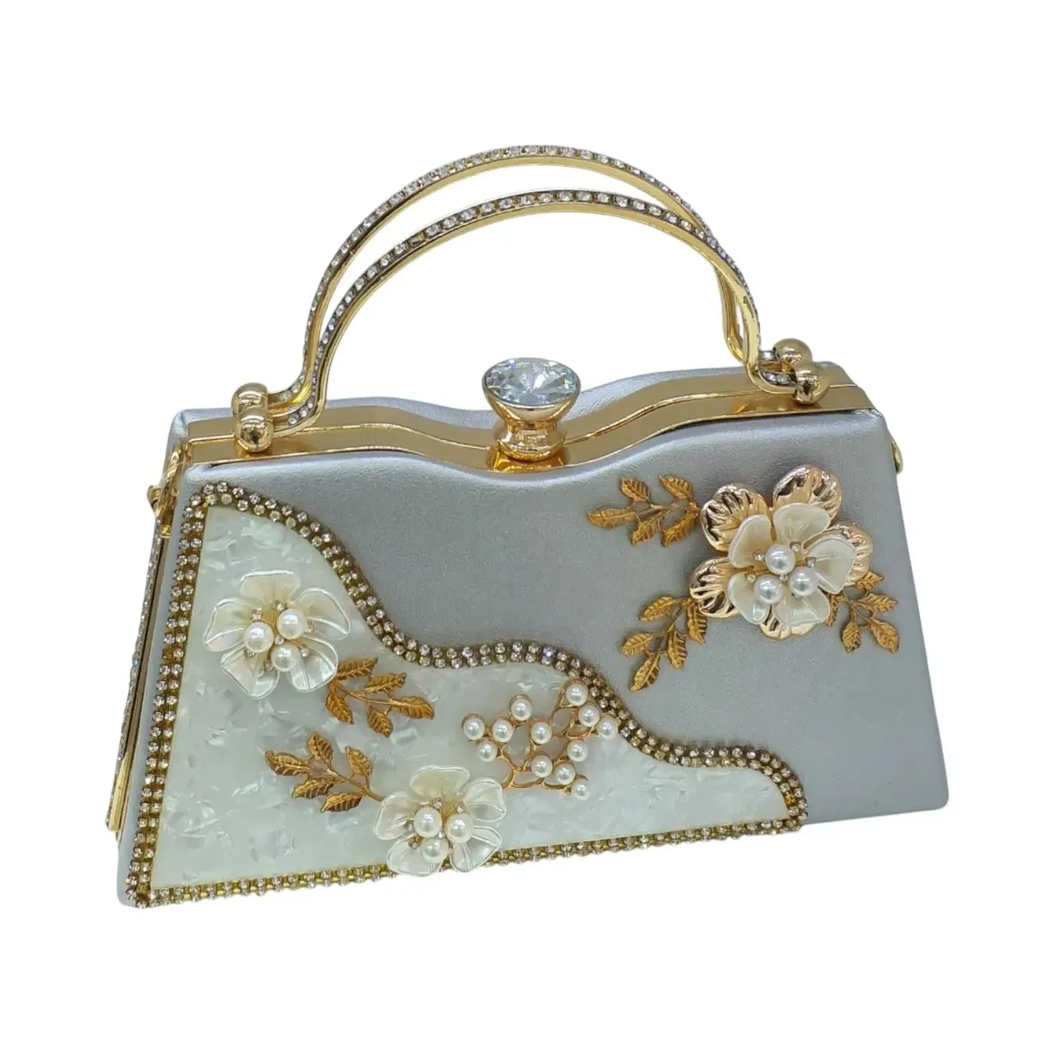 Floral Pearl Embellished Gold Evening Clutch