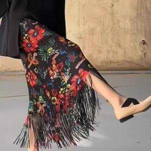 French Floral Print Fringe Pleated Midi Skirt
