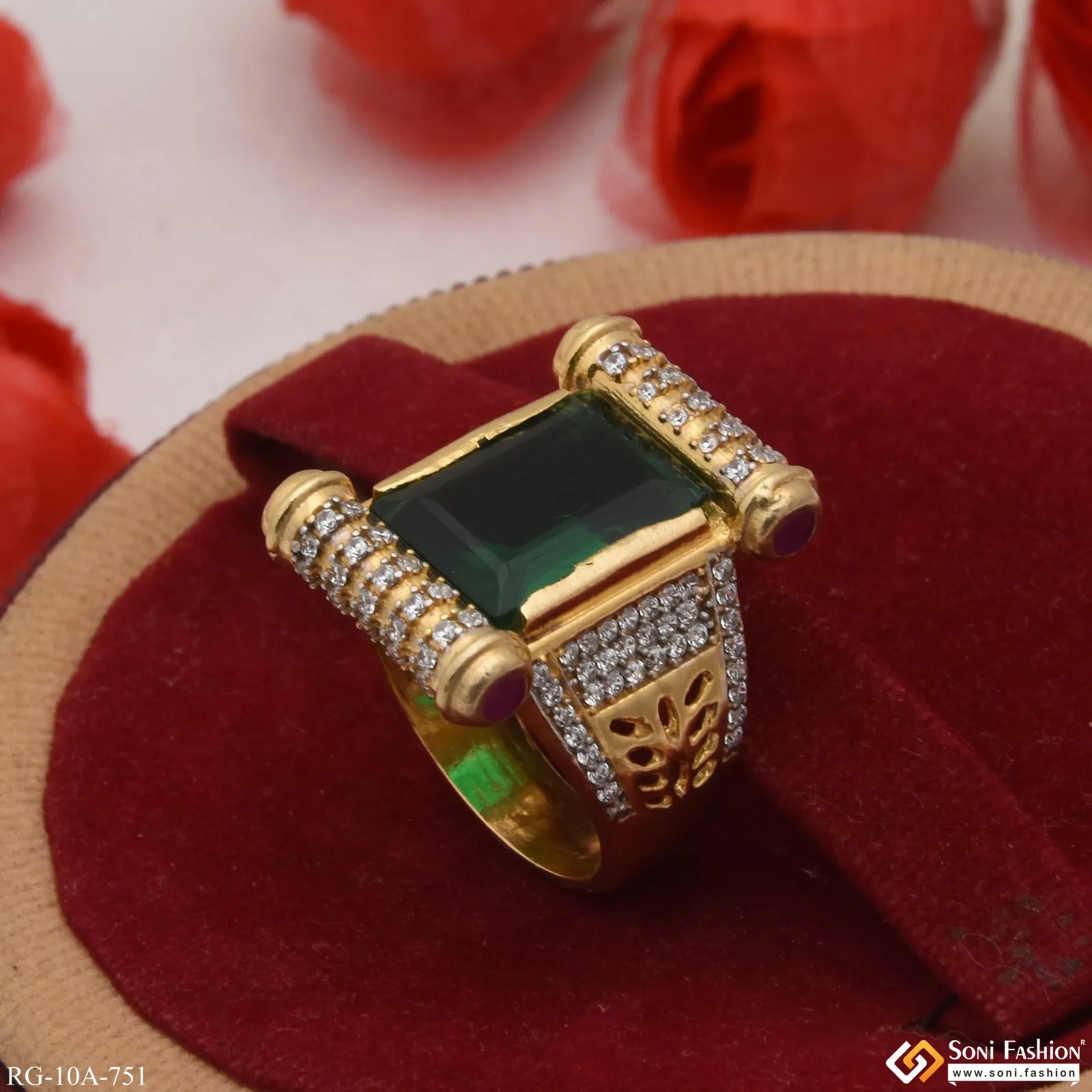 Green Stone with Diamond Sophisticated Design Gold Plated Ring for Men - Style A751