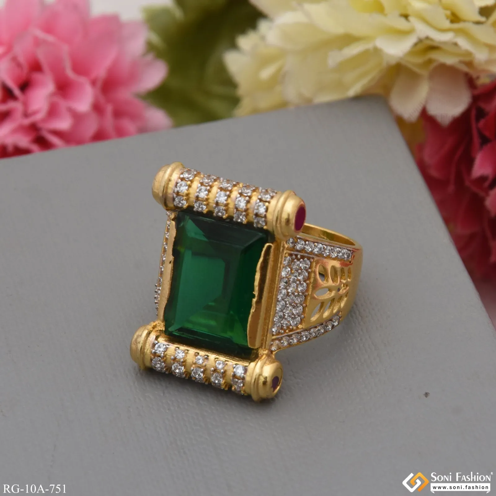Green Stone with Diamond Sophisticated Design Gold Plated Ring for Men - Style A751