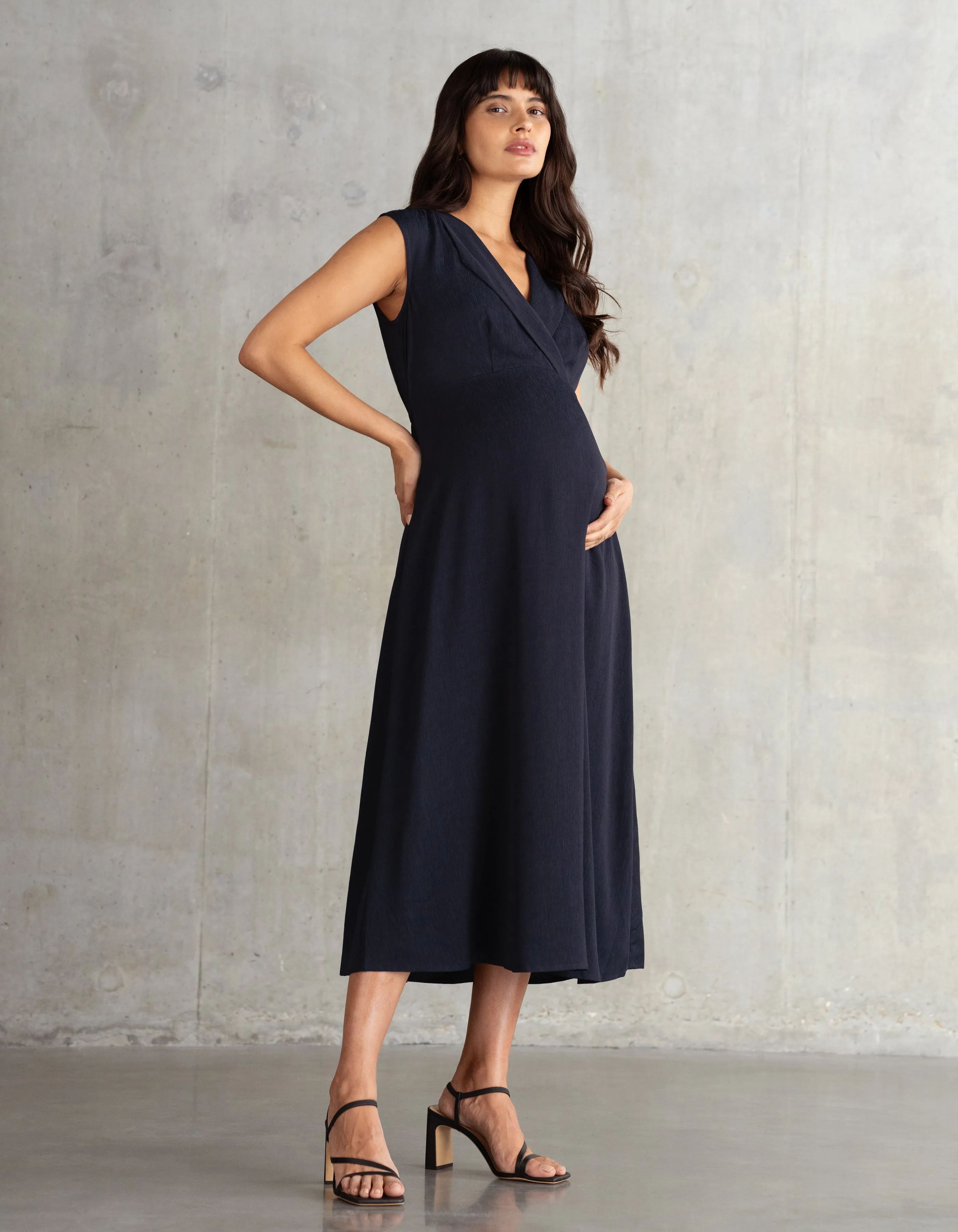 Lapel Collar Midi Maternity Dress