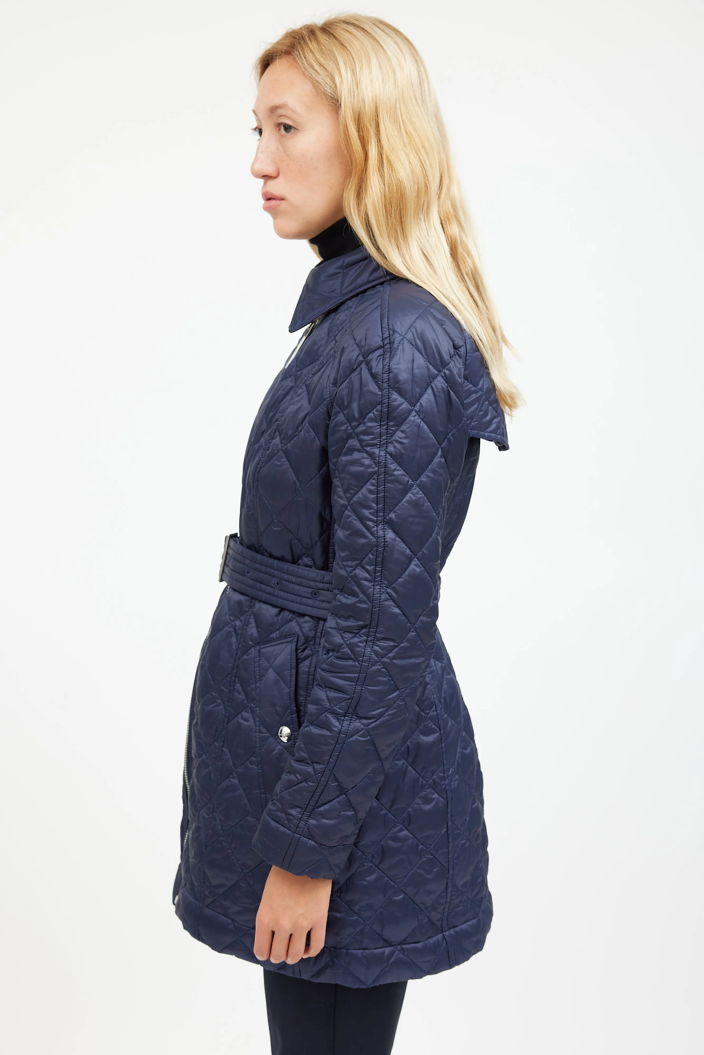 Navy Quilted Belted Coat