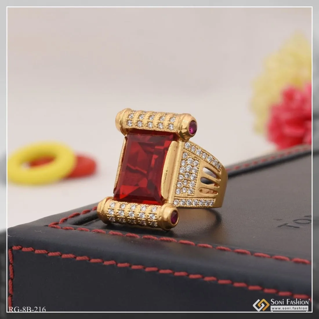 Red Stone with Diamond Sophisticated Design Gold Plated Ring for Men - Style B216