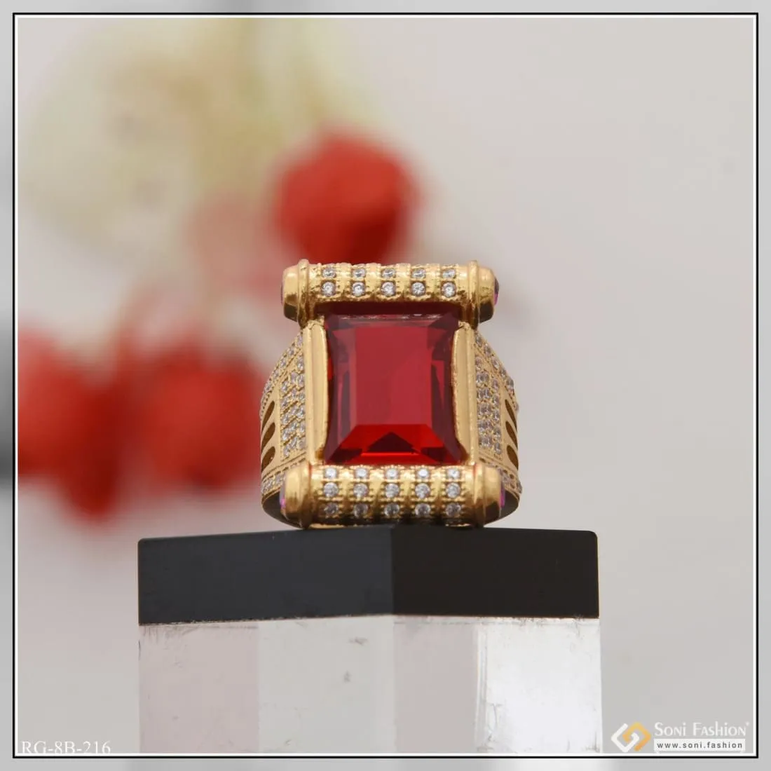 Red Stone with Diamond Sophisticated Design Gold Plated Ring for Men - Style B216