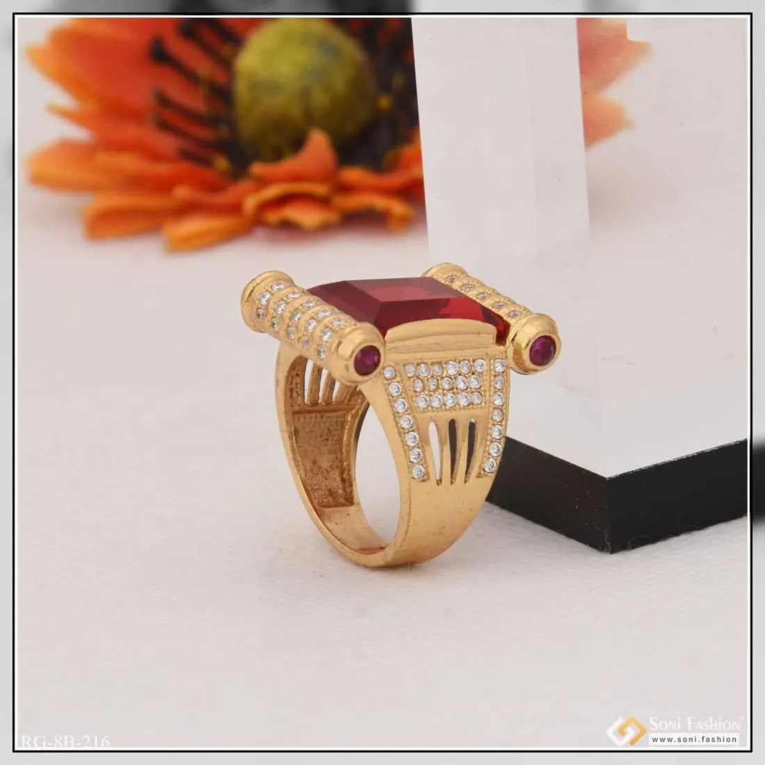 Red Stone with Diamond Sophisticated Design Gold Plated Ring for Men - Style B216