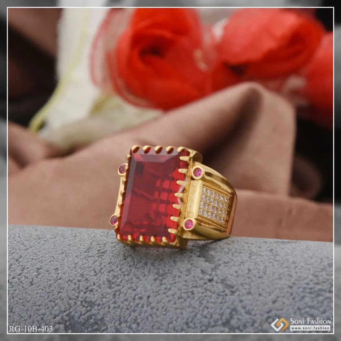Red Stone With Diamond Sophisticated Design Gold Plated Ring For Men - Style B403