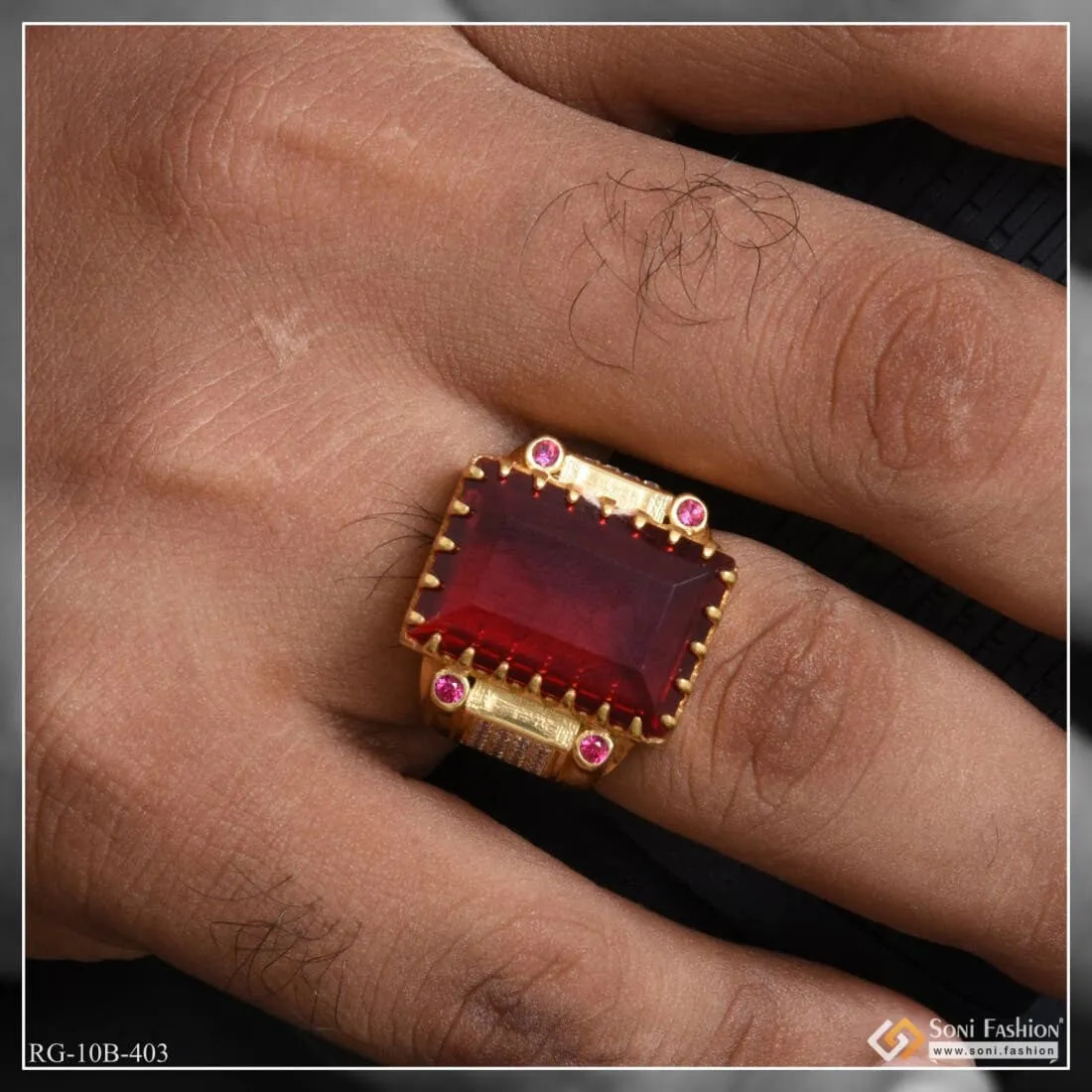 Red Stone With Diamond Sophisticated Design Gold Plated Ring For Men - Style B403