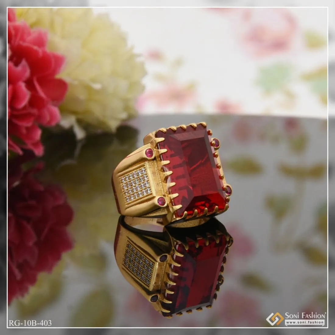 Red Stone With Diamond Sophisticated Design Gold Plated Ring For Men - Style B403