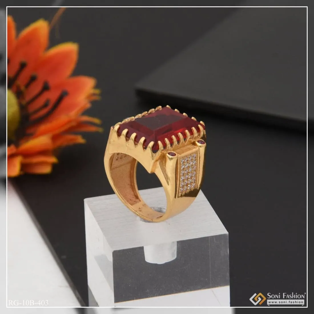 Red Stone With Diamond Sophisticated Design Gold Plated Ring For Men - Style B403