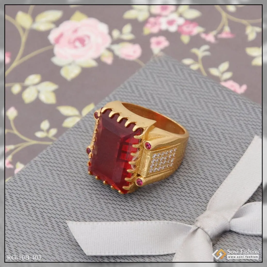 Red Stone With Diamond Sophisticated Design Gold Plated Ring For Men - Style B403