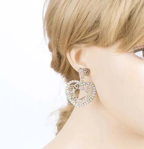 Sophisticated Crystal Rhinestone Heart Shape Dangle Fashion Earrings E313 Silver