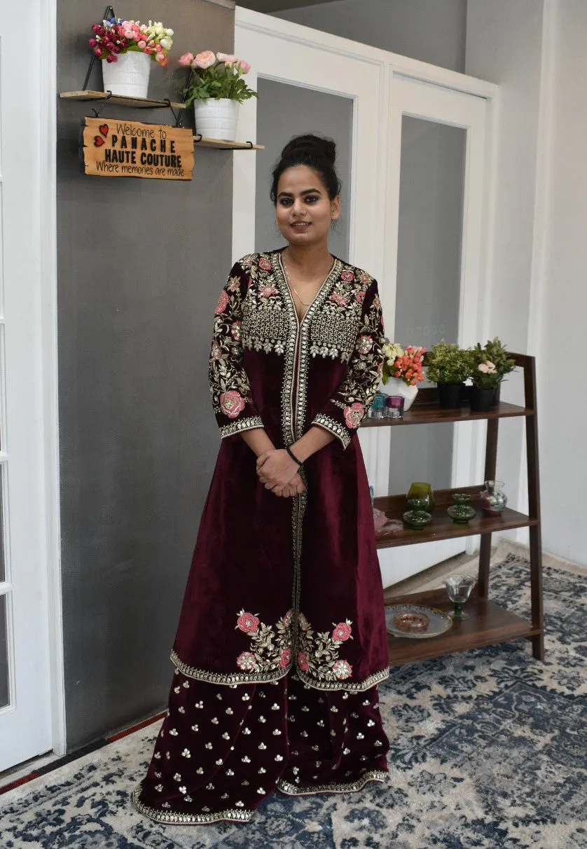 Sophisticated Hand-embroidered Party wear Burgundy Color Velvet Palazzo Suit