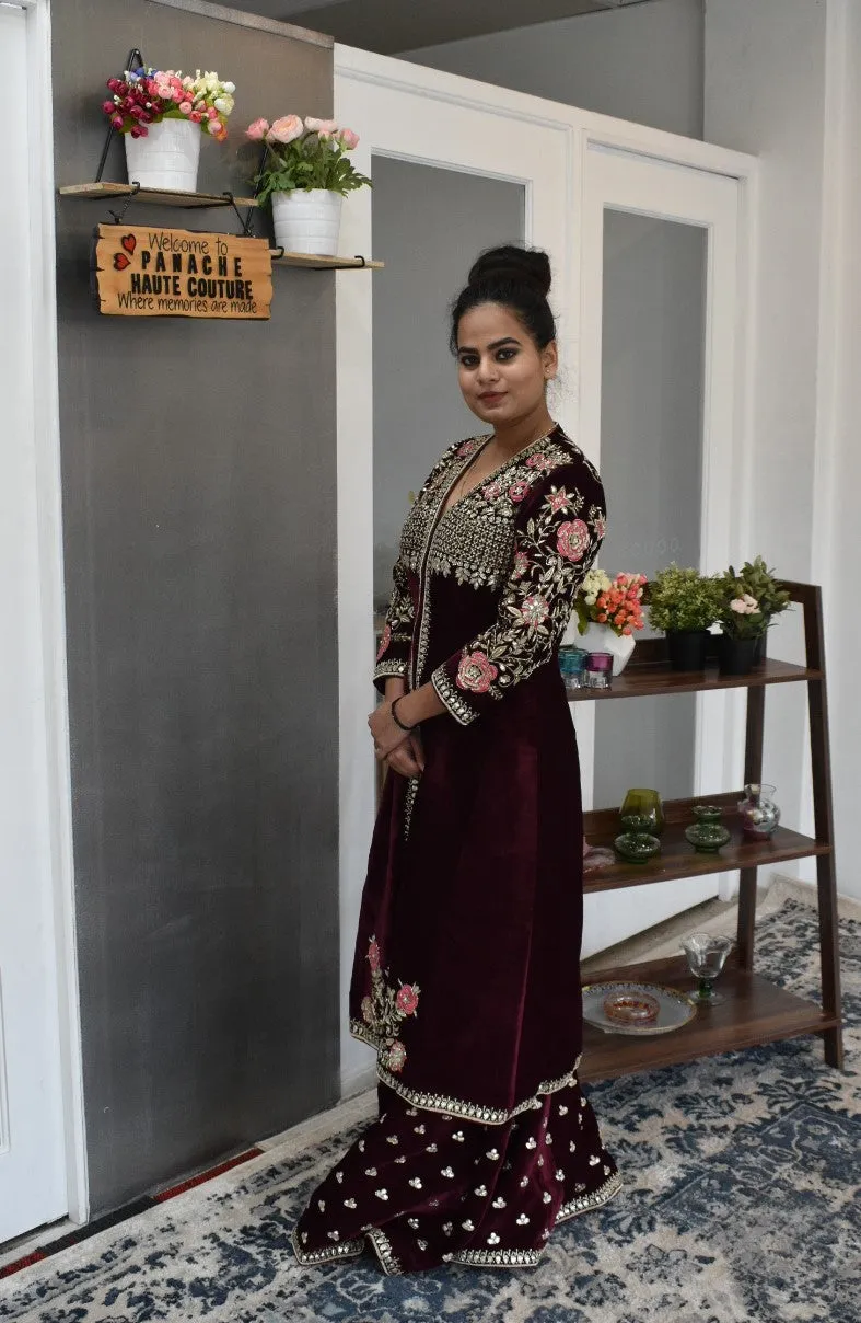 Sophisticated Hand-embroidered Party wear Burgundy Color Velvet Palazzo Suit