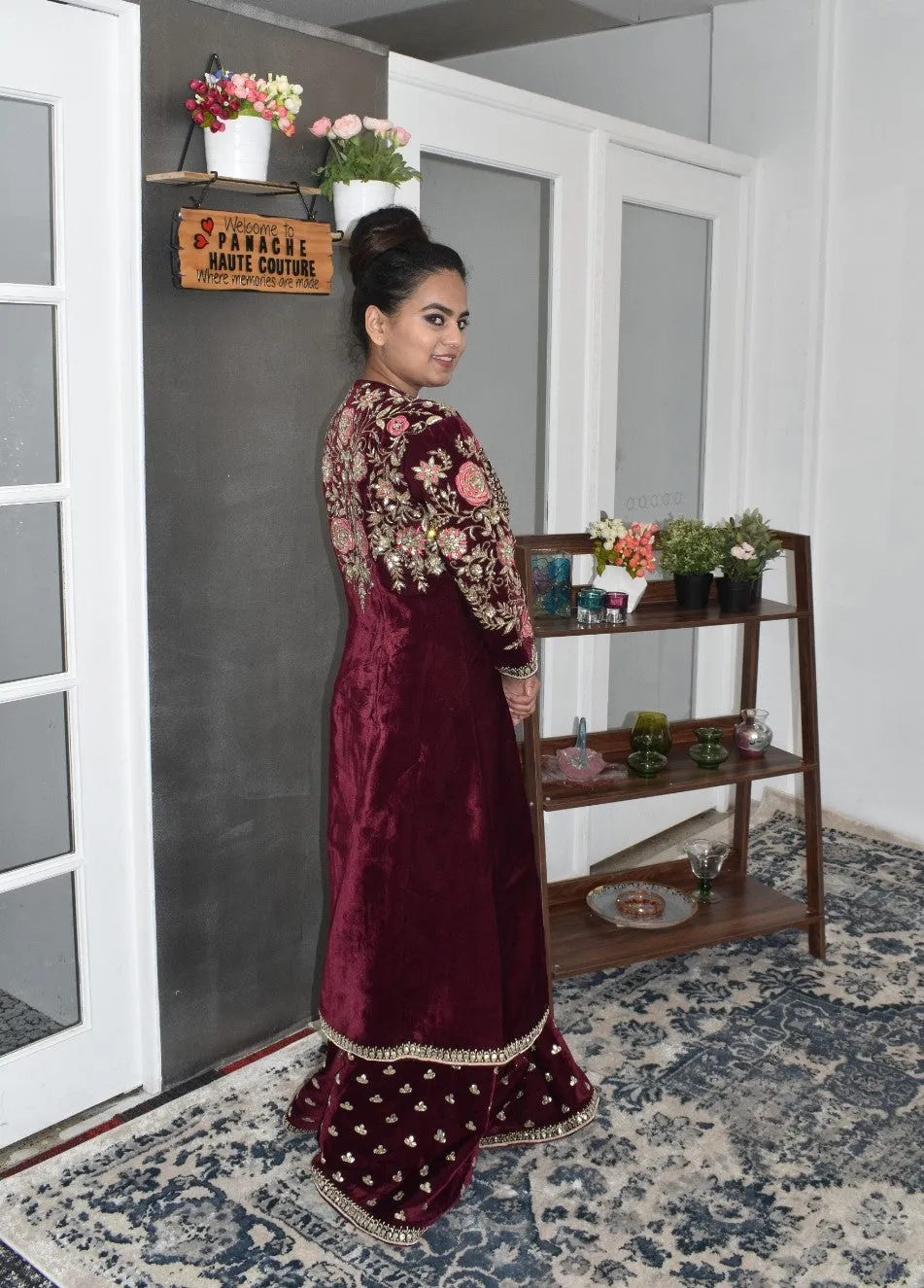 Sophisticated Hand-embroidered Party wear Burgundy Color Velvet Palazzo Suit