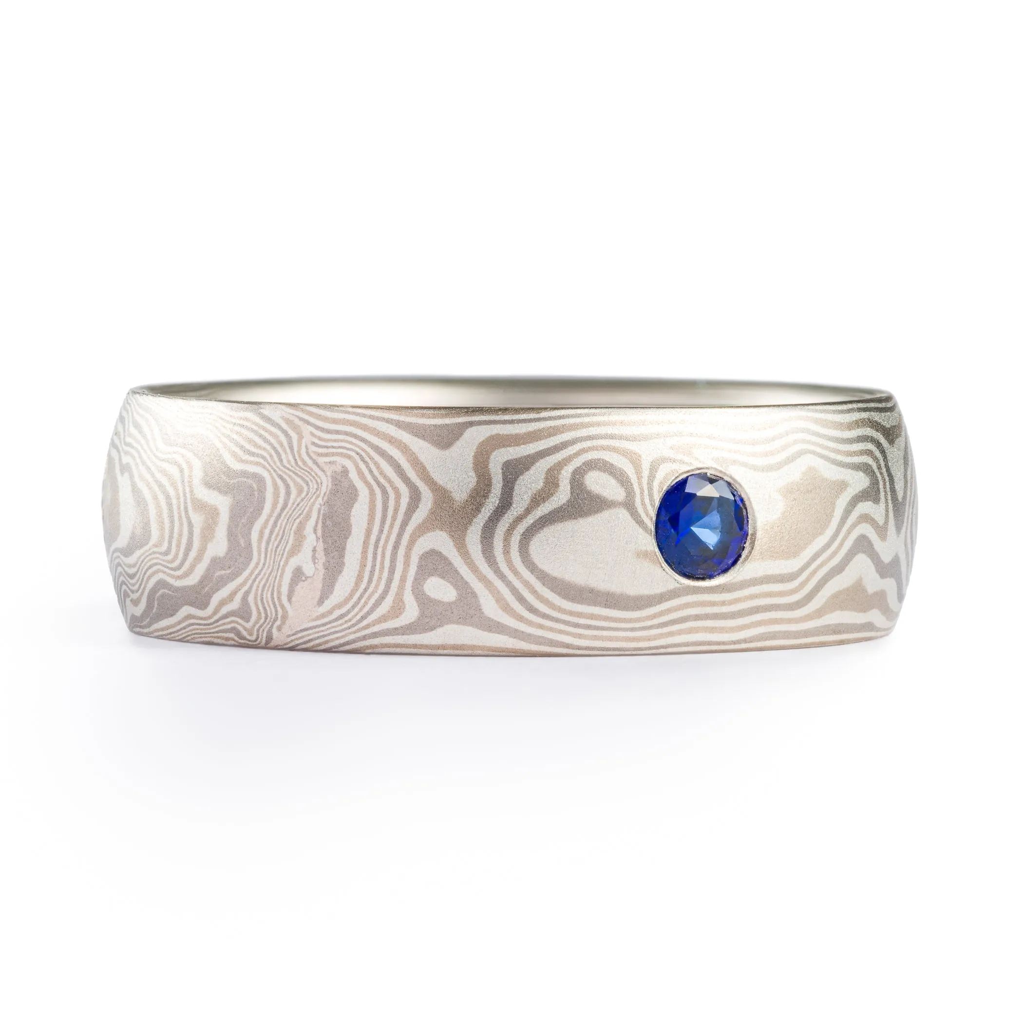 Sophisticated Mokume Gane Wedding Set in Smoke Palette and Woodgrain Pattern with Diamonds & Sapphires