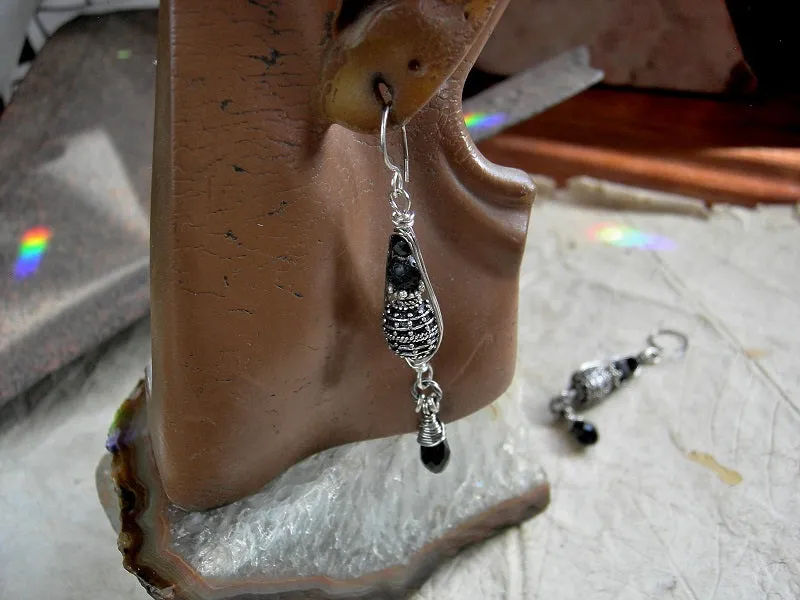 Sophisticated Sterling & Black Wire Wrap Earrings, Black Tourmaline