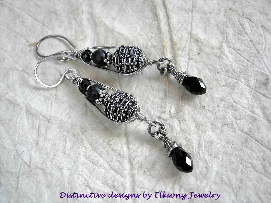 Sophisticated Sterling & Black Wire Wrap Earrings, Black Tourmaline