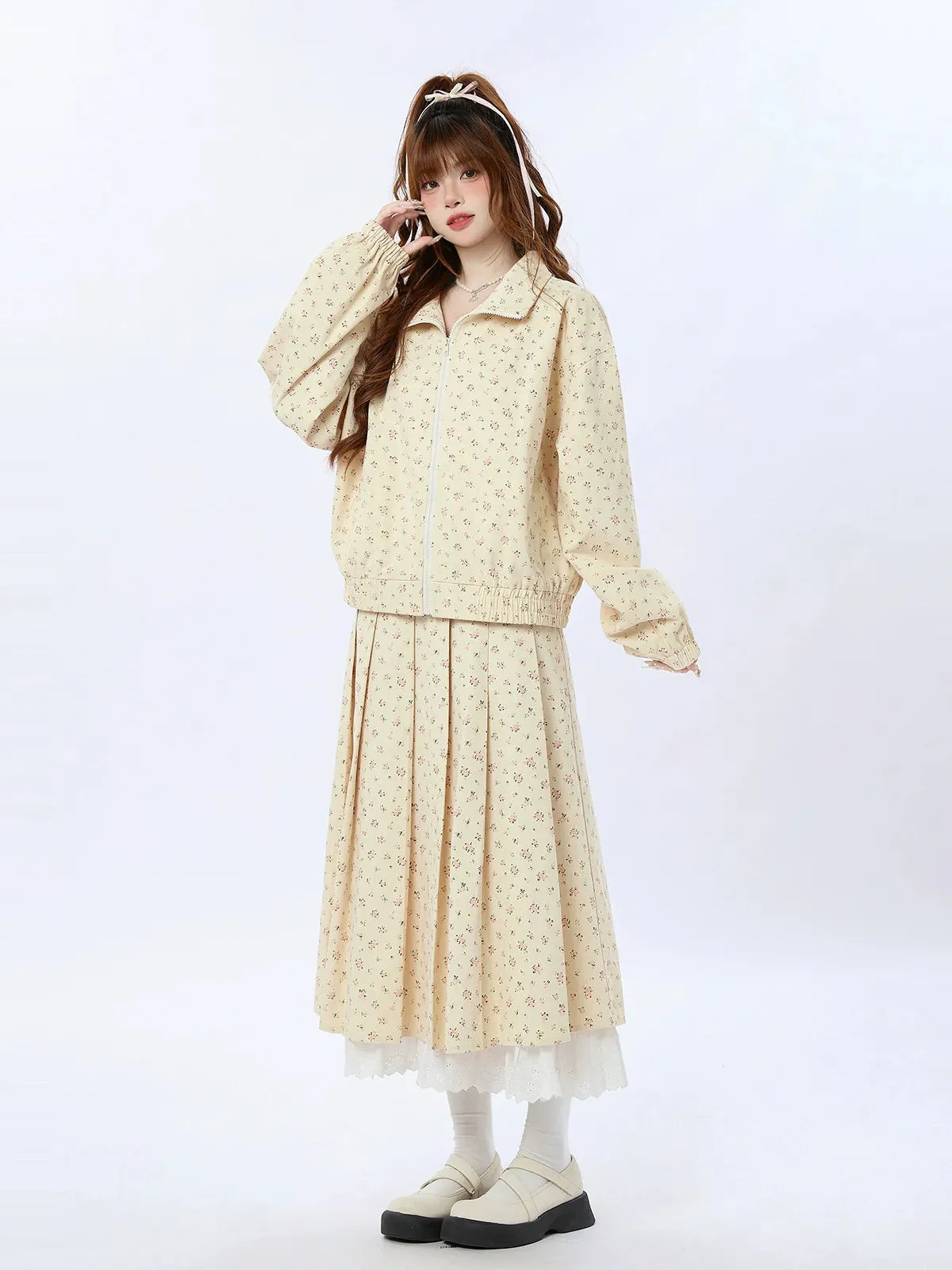 Zip Pleated Lace Jacket Small Short/Long   Rollal Skirt