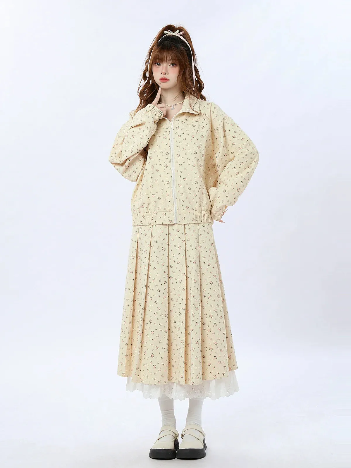Zip Pleated Lace Jacket Small Short/Long   Rollal Skirt