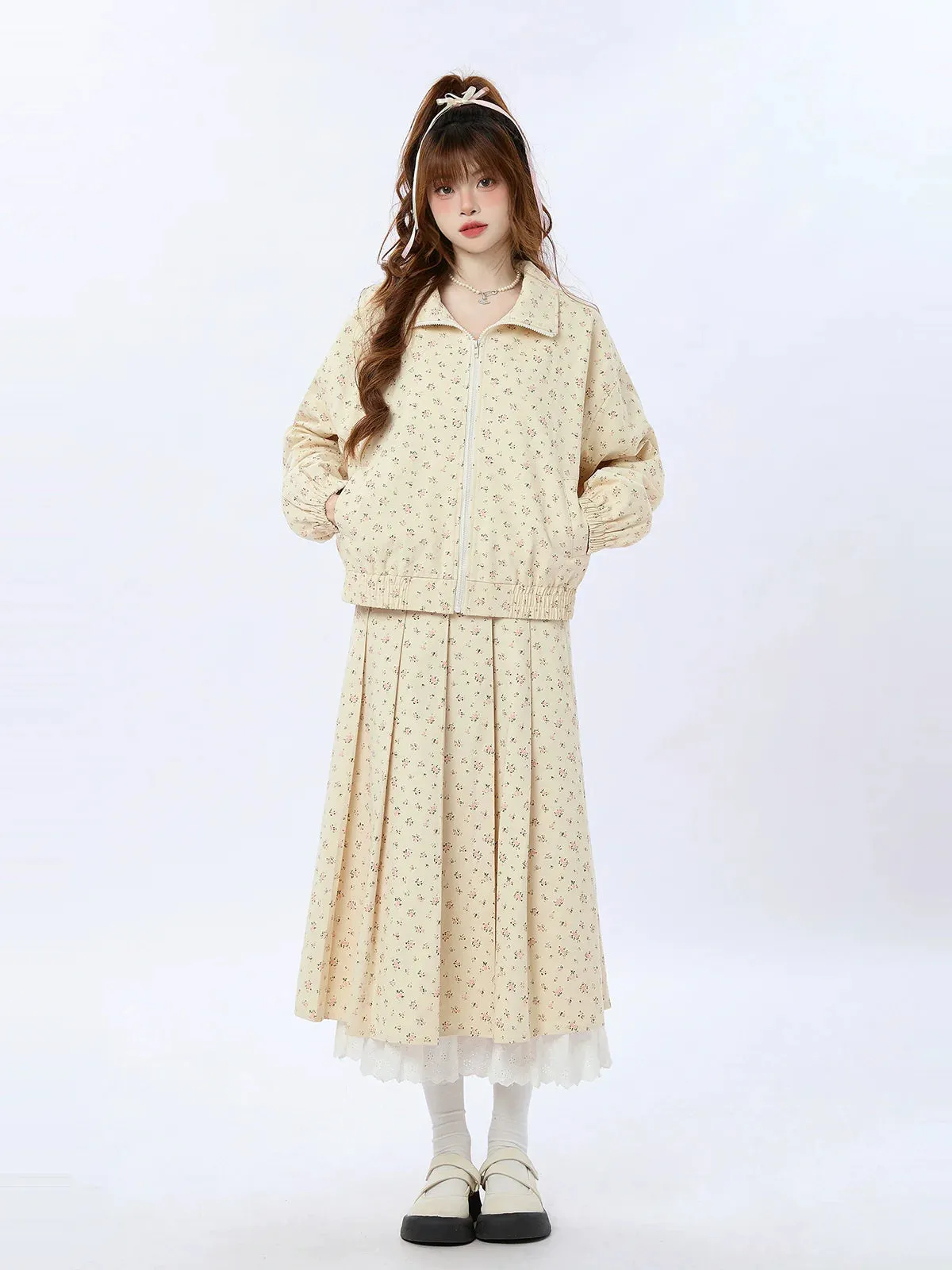 Zip Pleated Lace Jacket Small Short/Long   Rollal Skirt